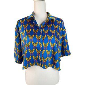 ZARA Women’s Blue Satin Bird Print Top Size Medium